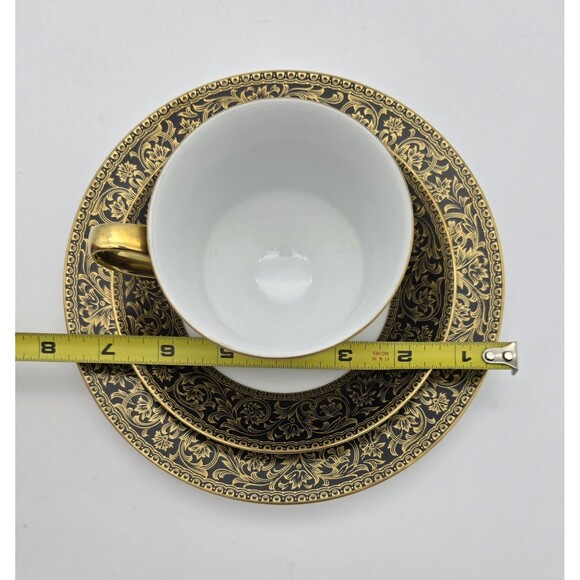 Vintage Sango China Japan Richelieu 3756 Black Gold Cup Saucer Dessert Plate Set - Picture 14 of 15